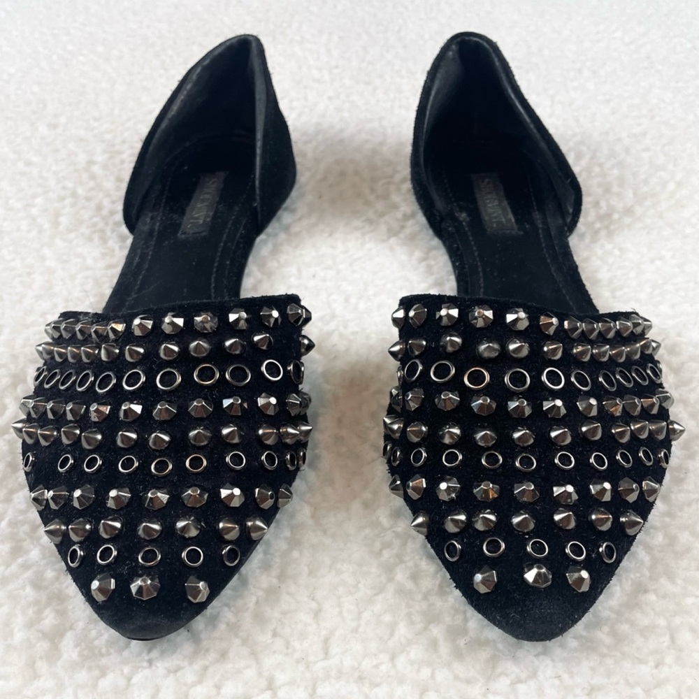 SHOEMINT • Cameron Black Suede Studded Pointed-Toe Flats, 7 - Picture 6 of 16